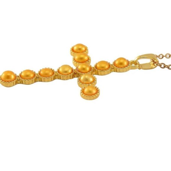 Golden Freshwater Pearl Cross Pendant 20” Necklace New - Picture 3 of 6